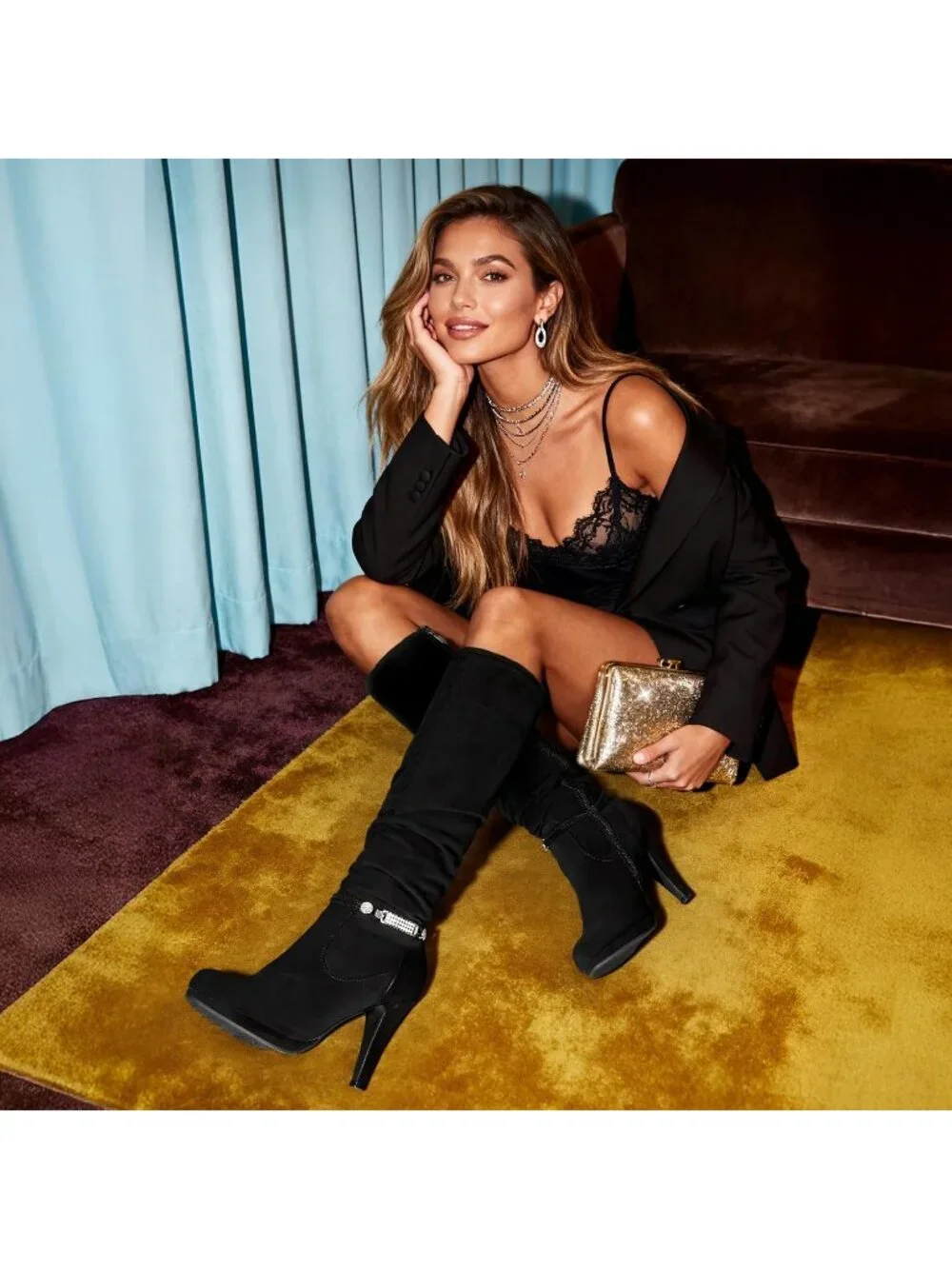 Women's Black Stiletto Heel Rhinestone Chain Side Zipper Knee High Boots